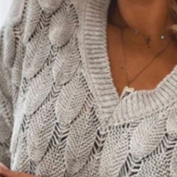 β¨HPx2β¨ Gray V-neck, Feather-Hollowed-out, Long Sleeve Knitted Sweater - Picture 2 of 5